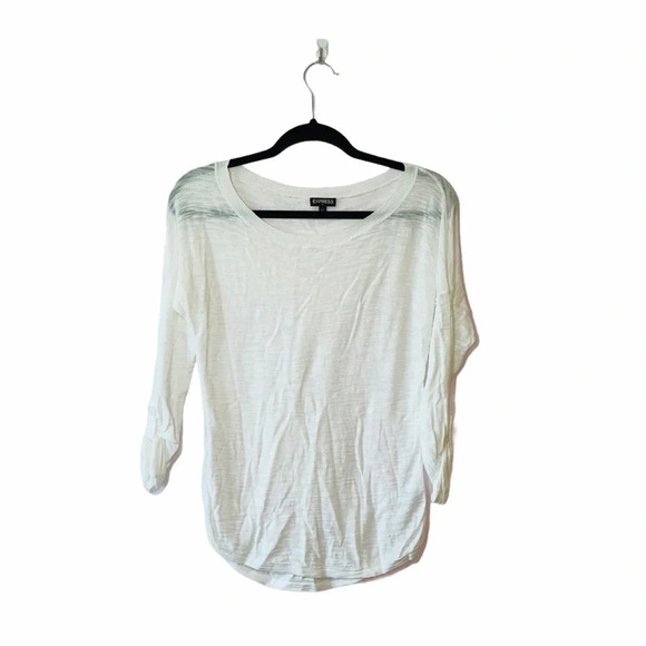 Express White Semi-Sheer 3/4 Tabbed Sleeve Round Hem Crewneck Top Small Women’s - Picture 1 of 11